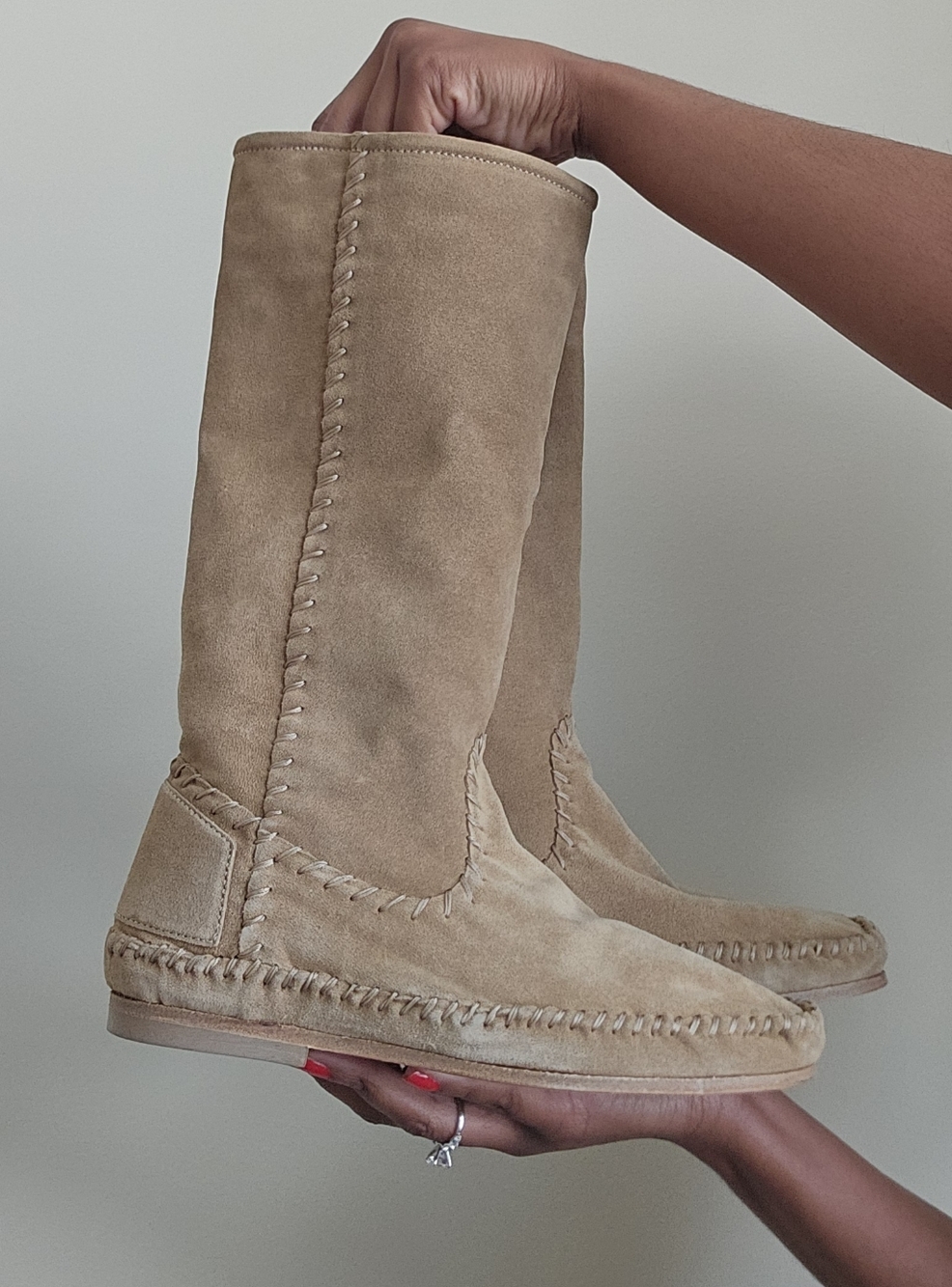 ALBERTA FERRETTI Beige Suede Knee Moccasin Boots